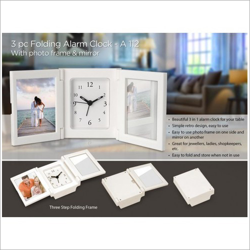 A112 – 3 Pc Folding Alarm Clock With Photo Frame And Mirror